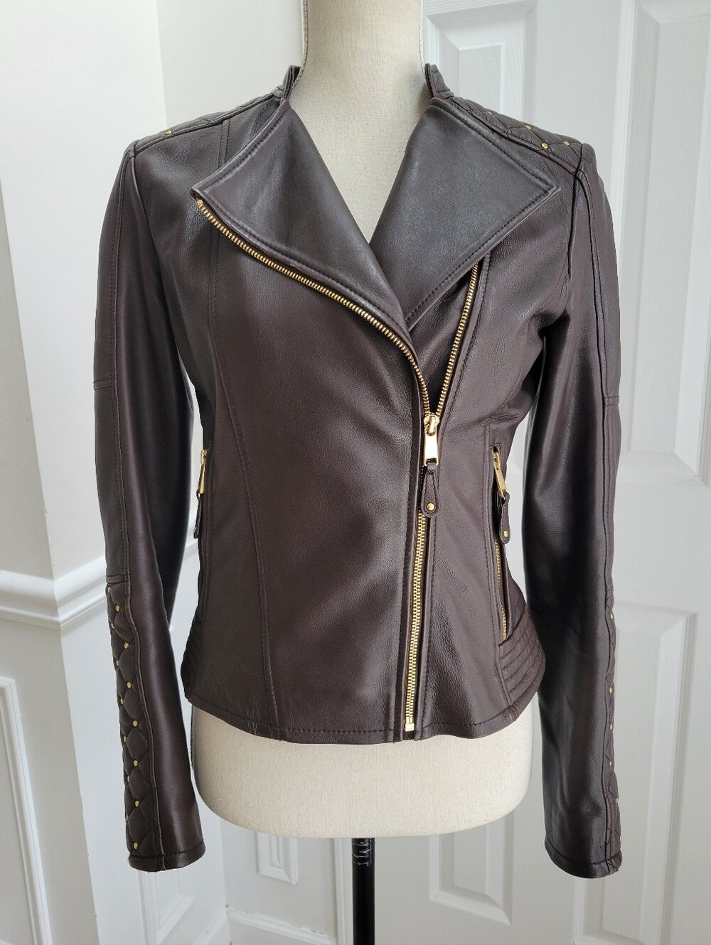 Wilsons Leather Brown Genuine Leather Studded Moto Jacket XS
